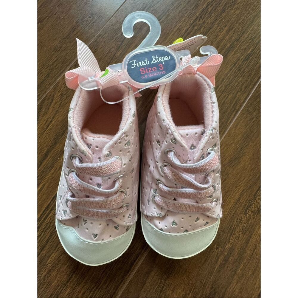 First Steps size 3 6-9 month baby girl sparkle pink lace shoes